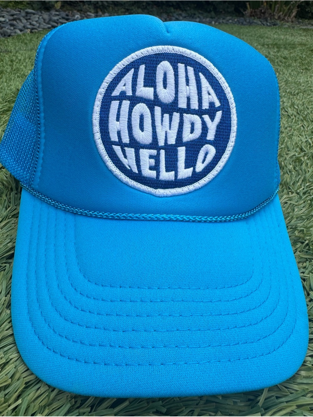 Bright Blue Trucker Hat with Embroidered Aloha Howdy Hello Patch